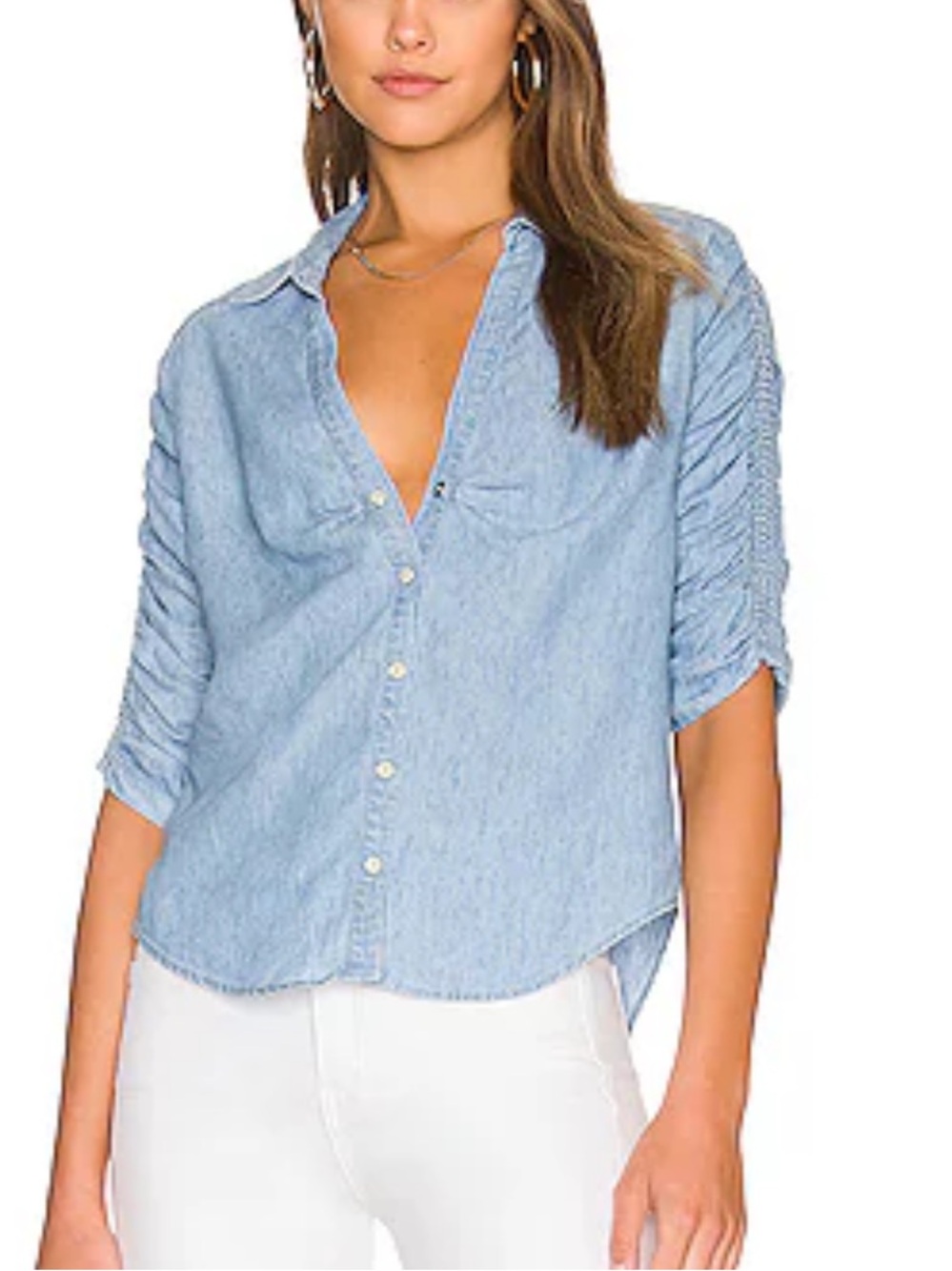 Veronica beard porta blue ruched sleeve chambray button up shirt sz xs